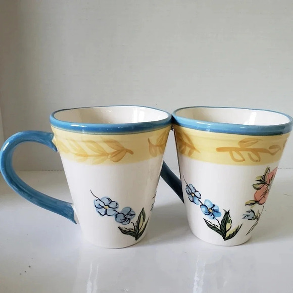 Pier One Imports  set of 2 Large Ceramic Floral Multi-colored Coffee Mugs. - Picture 2 of 7